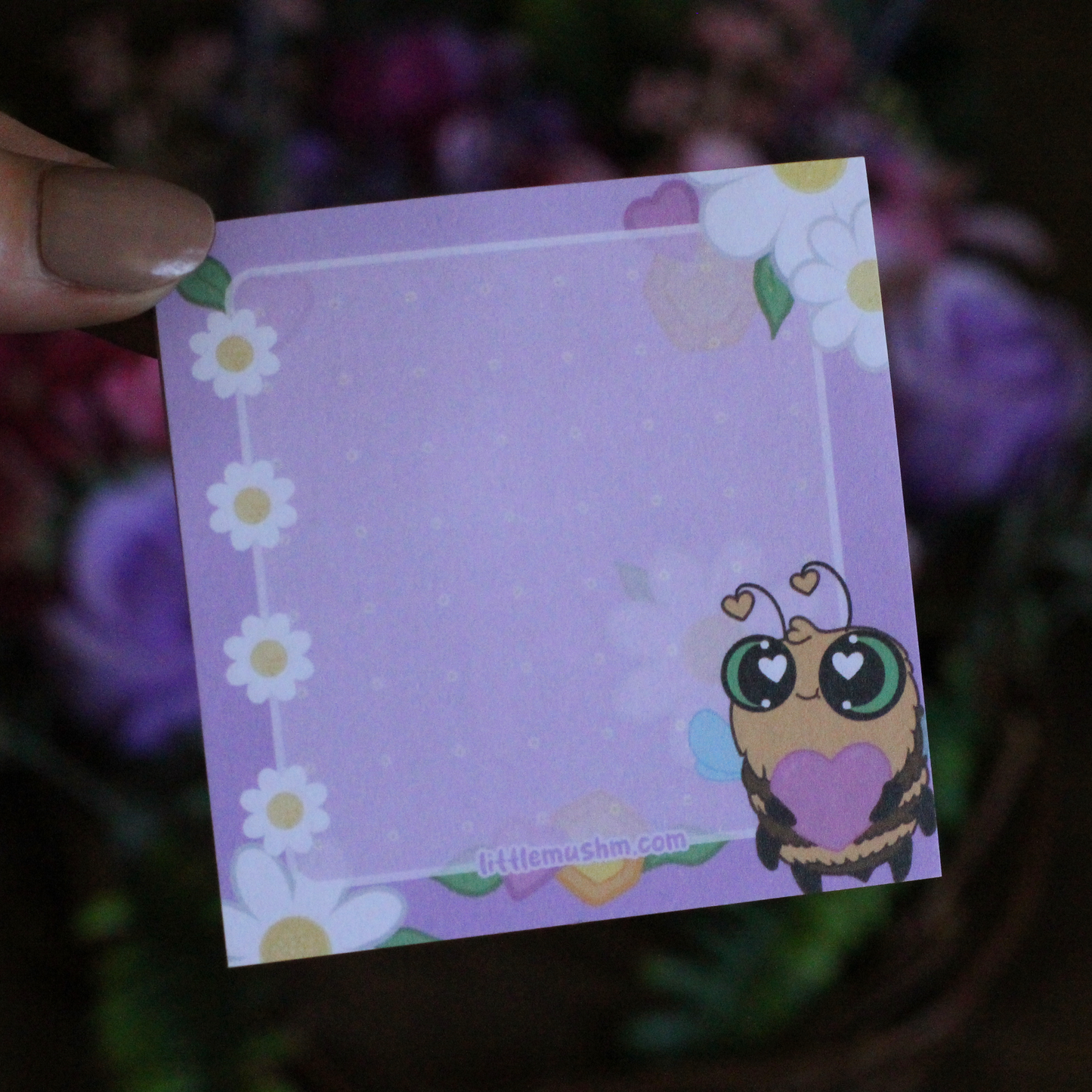 sticky note in a lilac purple with cute bee character, daisy check-boxes