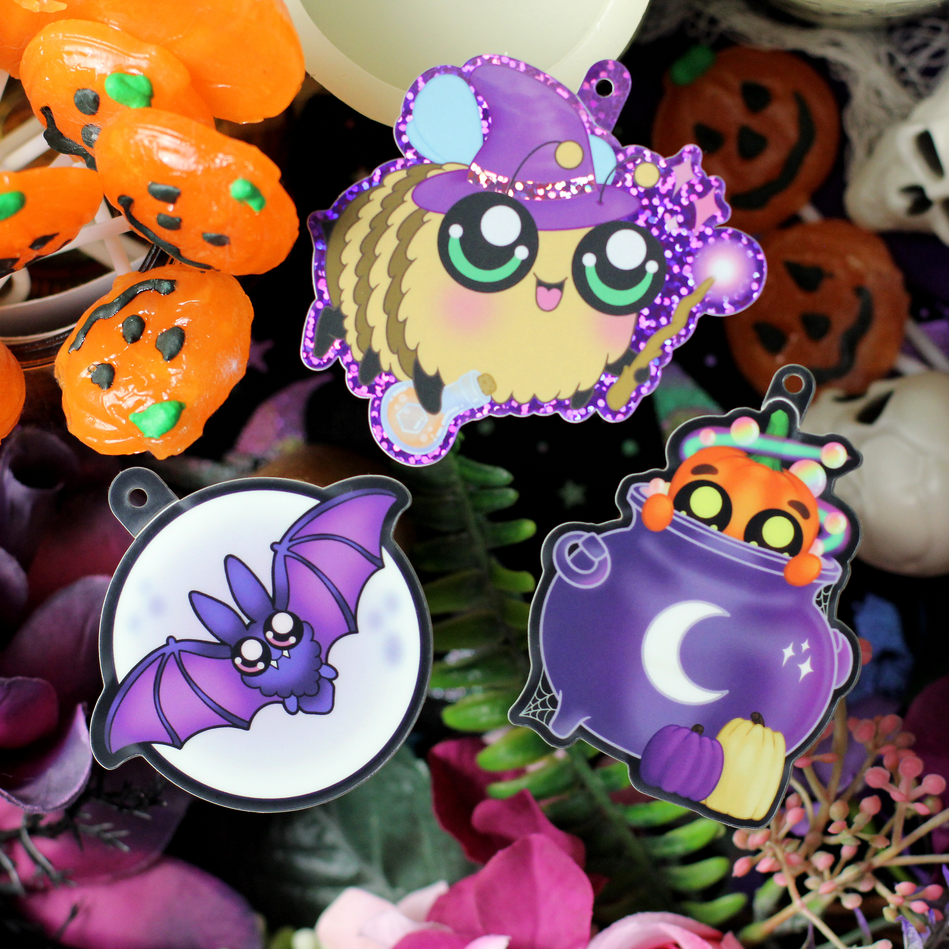 cute bee, bat and pumpkin stickers - halloween themed, glittery and glow in the dark